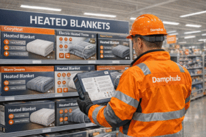 Professional UK technician in orange Damphub safety gear comparing boxed heated blankets in a well-lit DIY store aisle labeled “Heated Blankets”