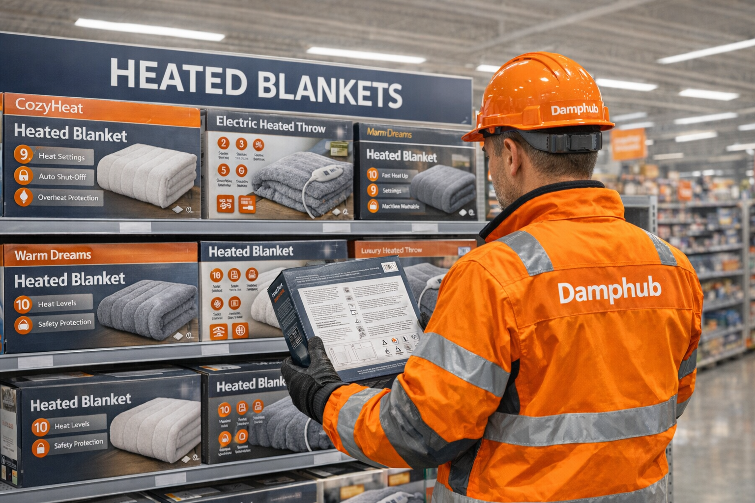 Professional UK technician in orange Damphub safety gear comparing boxed heated blankets in a well-lit DIY store aisle labeled “Heated Blankets”