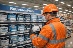 Professional UK technician in orange safety gear and Damphub hard hat inspecting a bathroom paint tin in a well-lit DIY store aisle with multiple paint brands on display.