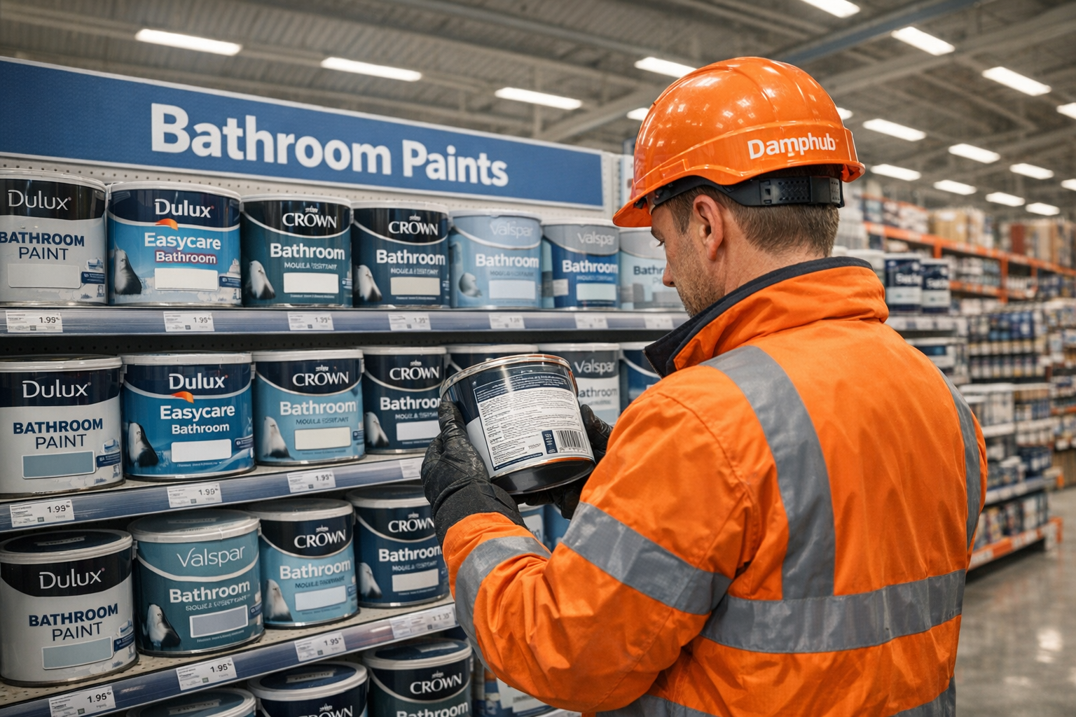 Professional UK technician in orange safety gear and Damphub hard hat inspecting a bathroom paint tin in a well-lit DIY store aisle with multiple paint brands on display.