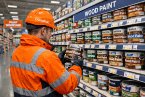Professional UK technician in orange safety gear inspecting a tin clearly labelled “Wood Paint” in a well-lit DIY megastore aisle, with shelves of wood paint products visible in the background.