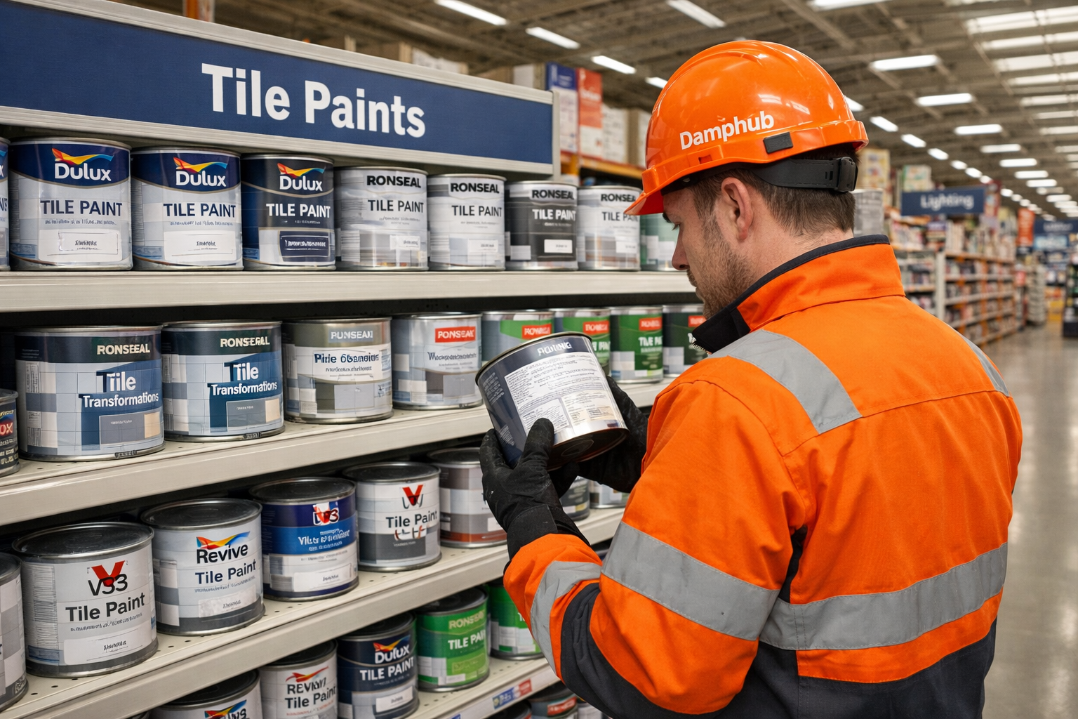 Professional UK technician in orange safety gear compares tile paint tins on a well-stocked DIY megastore shelf, inspecting the back label to choose the right product.