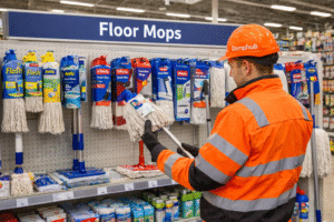 UK technician in bright orange safety gear with "Damphub" hard hat inspecting a long floor mop in the floor mop section of a DIY megastore, with shelves of various mops and a clear "Floor Mops" aisle sign above