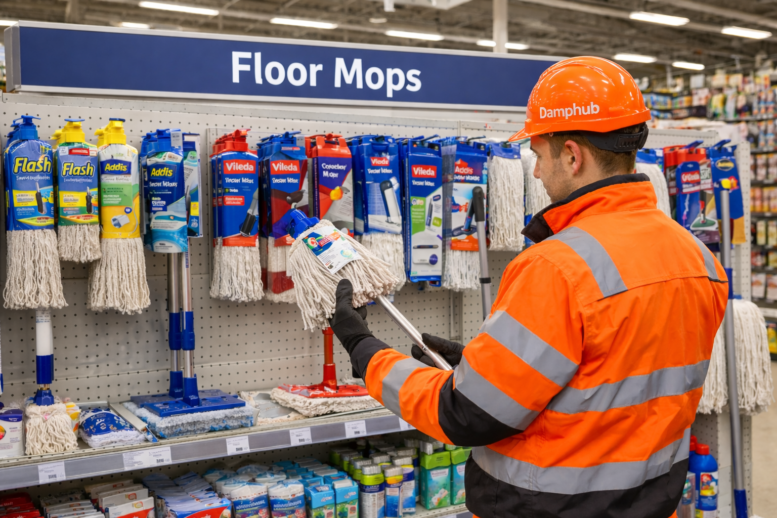 UK technician in bright orange safety gear with "Damphub" hard hat inspecting a long floor mop in the floor mop section of a DIY megastore, with shelves of various mops and a clear "Floor Mops" aisle sign above