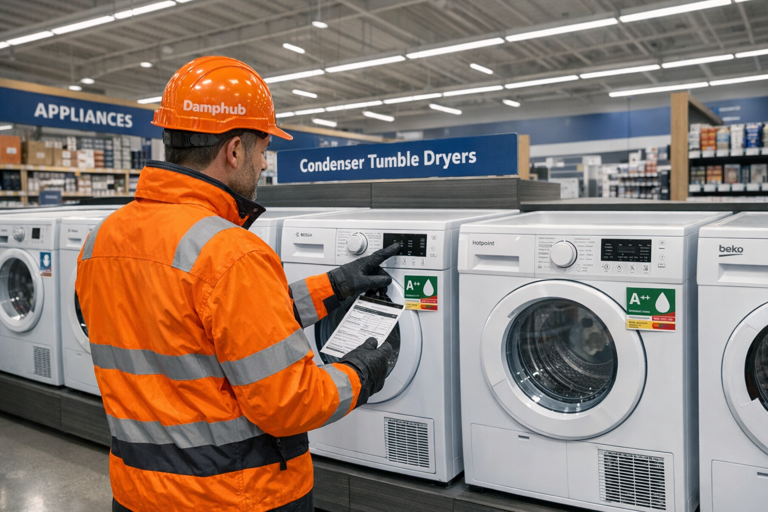 UK technician in orange Damphub safety gear comparing condenser tumble dryers in a large DIY or electrical megastore, reading energy labels and control panel specifications.