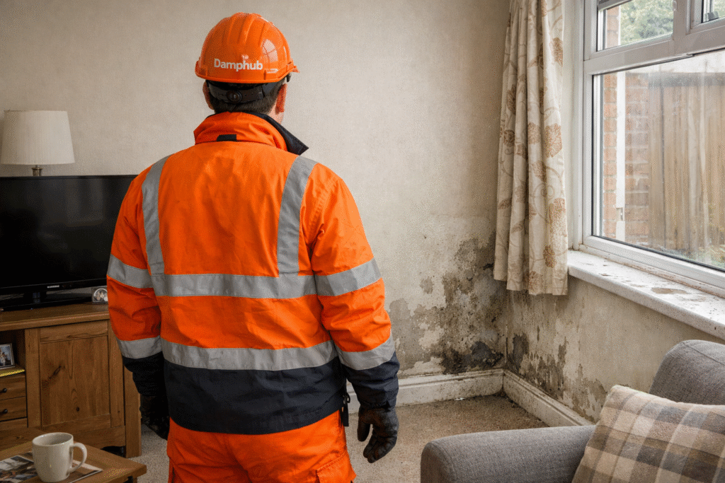 UK technician in orange safety gear inspecting damp patches in a living room