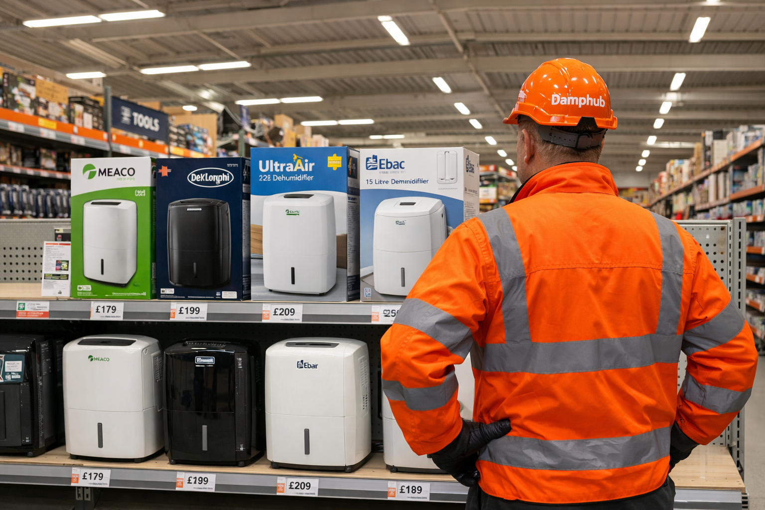 Professional UK technician in bright orange safety gear and Damphub hard hat examining a well-stocked shelf of portable dehumidifiers in a large DIY megastore aisle. Multiple dehumidifier brands are neatly displayed with clear labels.