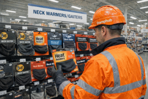 UK technician in orange safety gear comparing neck warmers in a DIY store aisle labelled “Neck Warmers/Gaiters
