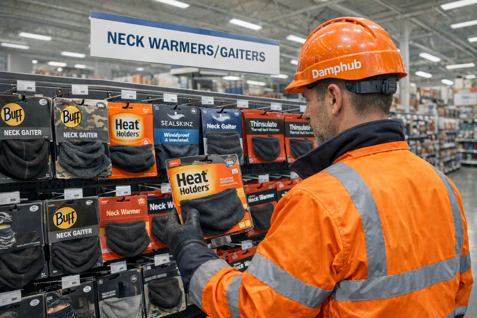 UK technician in orange safety gear comparing neck warmers in a DIY store aisle labelled “Neck Warmers/Gaiters