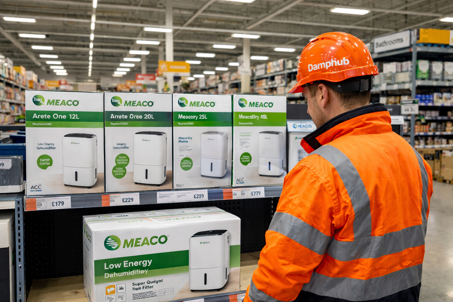 UK technician in orange safety gear inspecting a large Meaco dehumidifier box on the floor in a bright DIY store aisle, with other Meaco models on shelves in the background.