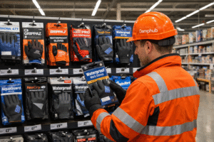 Professional UK technician in bright orange safety gear and Damphub hard hat comparing waterproof work gloves in a well-lit UK DIY megastore aisle, holding a pair of gloves and reading the packaging.