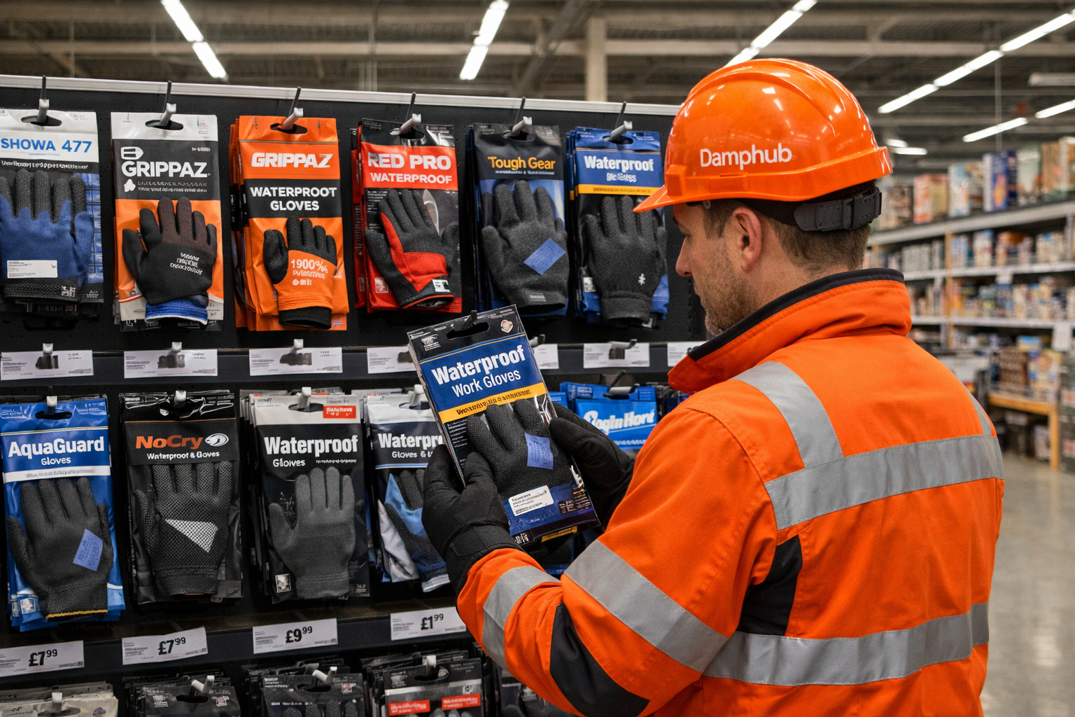 Professional UK technician in bright orange safety gear and Damphub hard hat comparing waterproof work gloves in a well-lit UK DIY megastore aisle, holding a pair of gloves and reading the packaging.